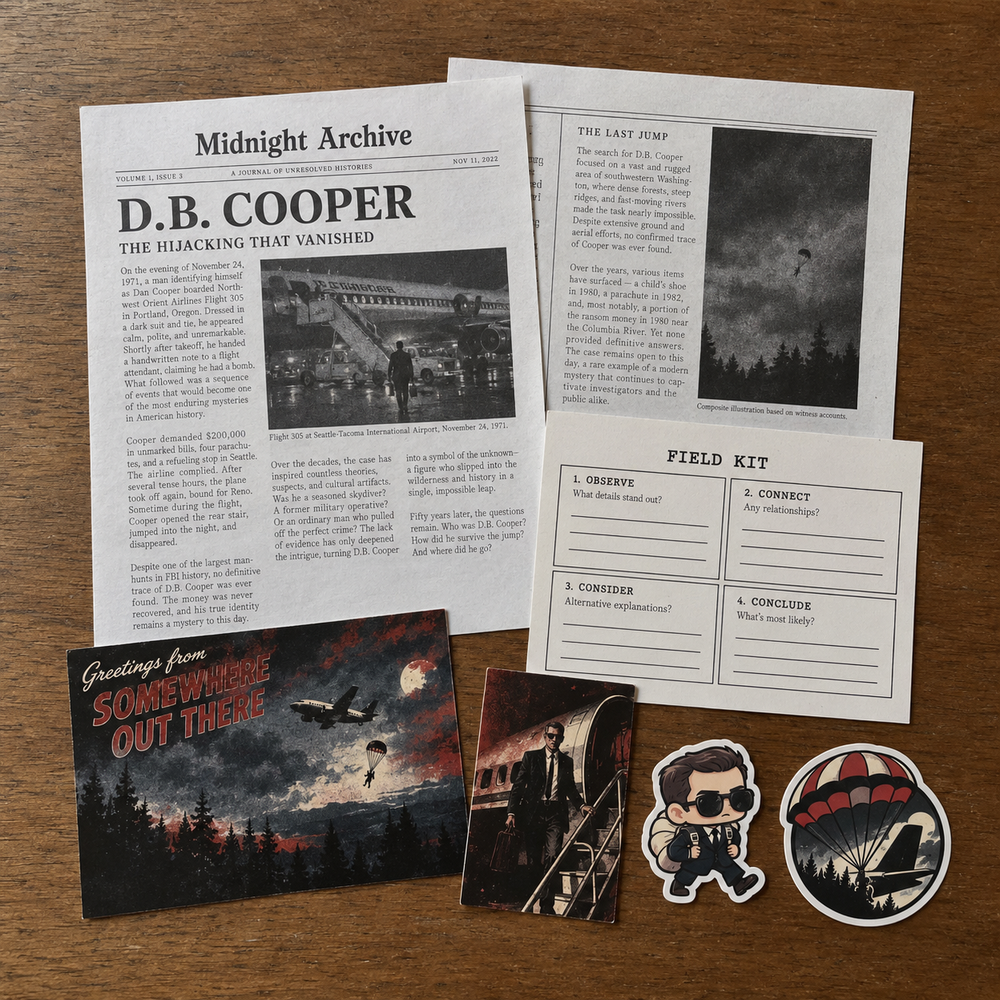 Inside Archive #004: the D.B. Cooper case file. Newspaper, postcard, stickers, and Field Kit.