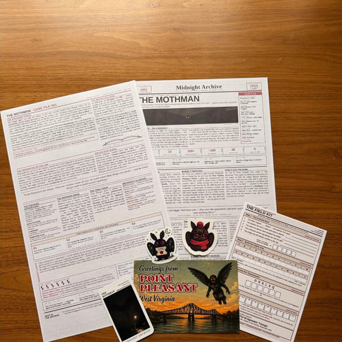 Midnight Archive case file materials, flat lay